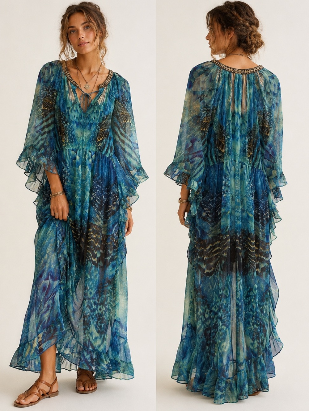 Blue-Green Printed Boho Artsy Fairycore Resortwear Chiffon Maxi Dress Small